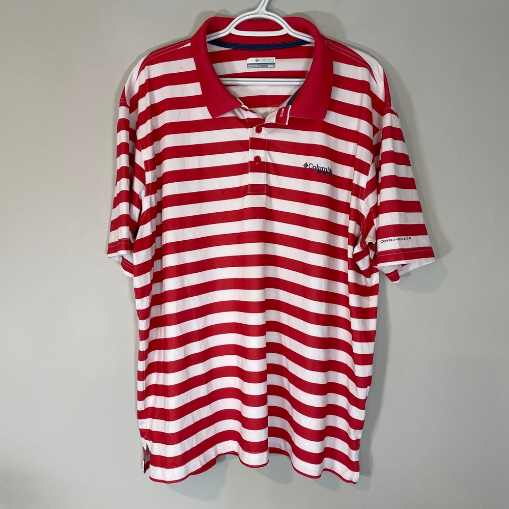 Columbia PFG Mens XL Coral Red White‎ Striped Omni-Shade Performance Polo Shirt